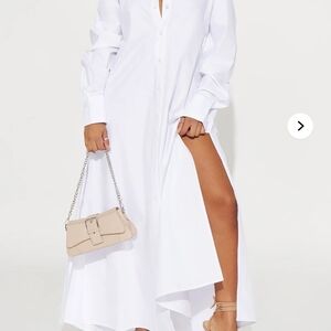 Fashion Nova White Long Sleeve Bishop Collar Shirt Dress